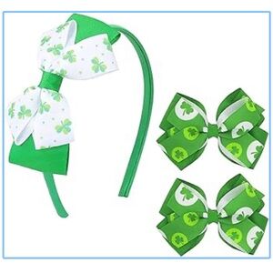 NWT Green White St. Patrick’s Day Shamrock Design Girl’s Headband & Hair Bows